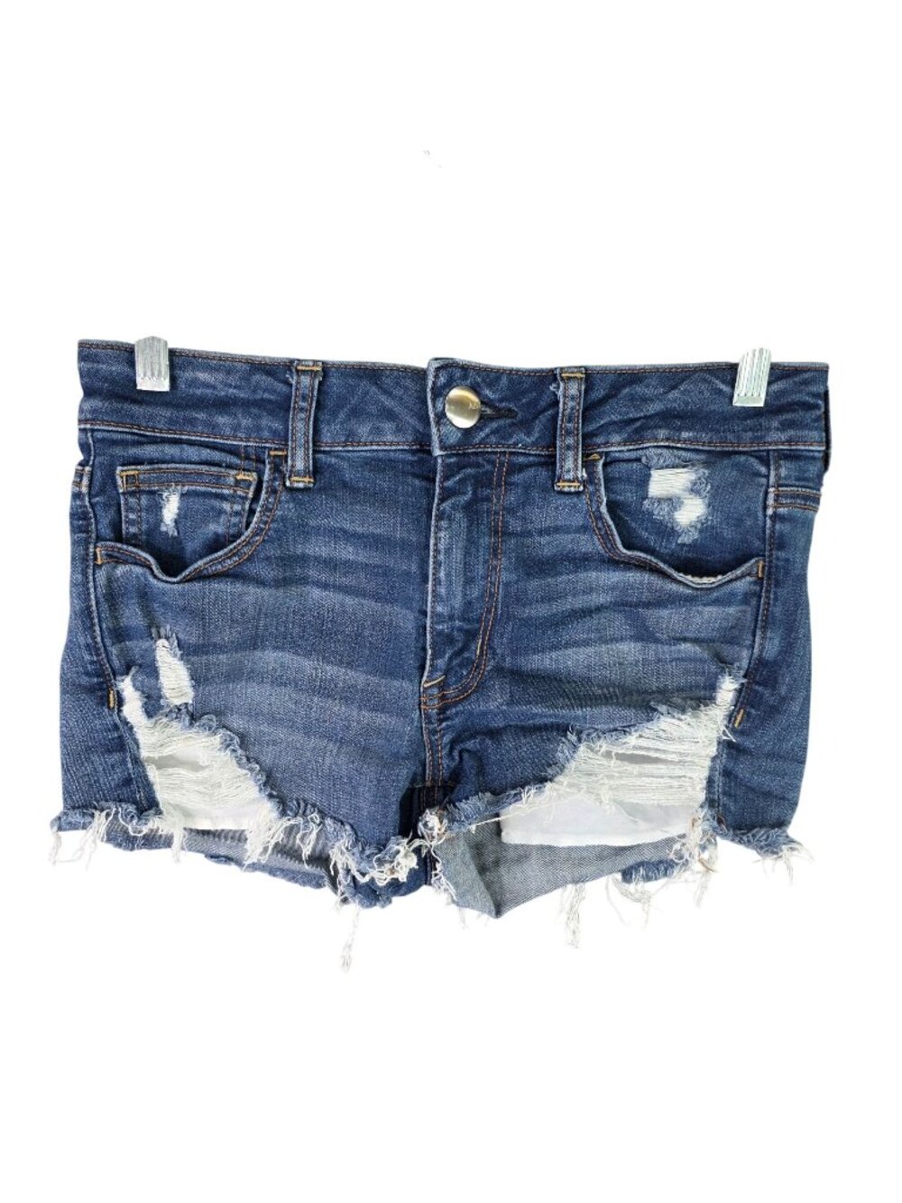 Womens American Eagle Hi Rise Shortie Distressed Blue Denim Shorts Raw Hem 8